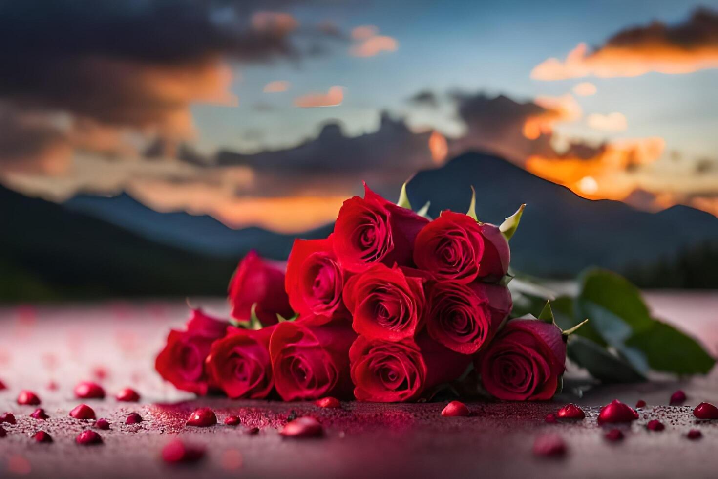 rojo rosas acostado en el suelo, ai generado foto