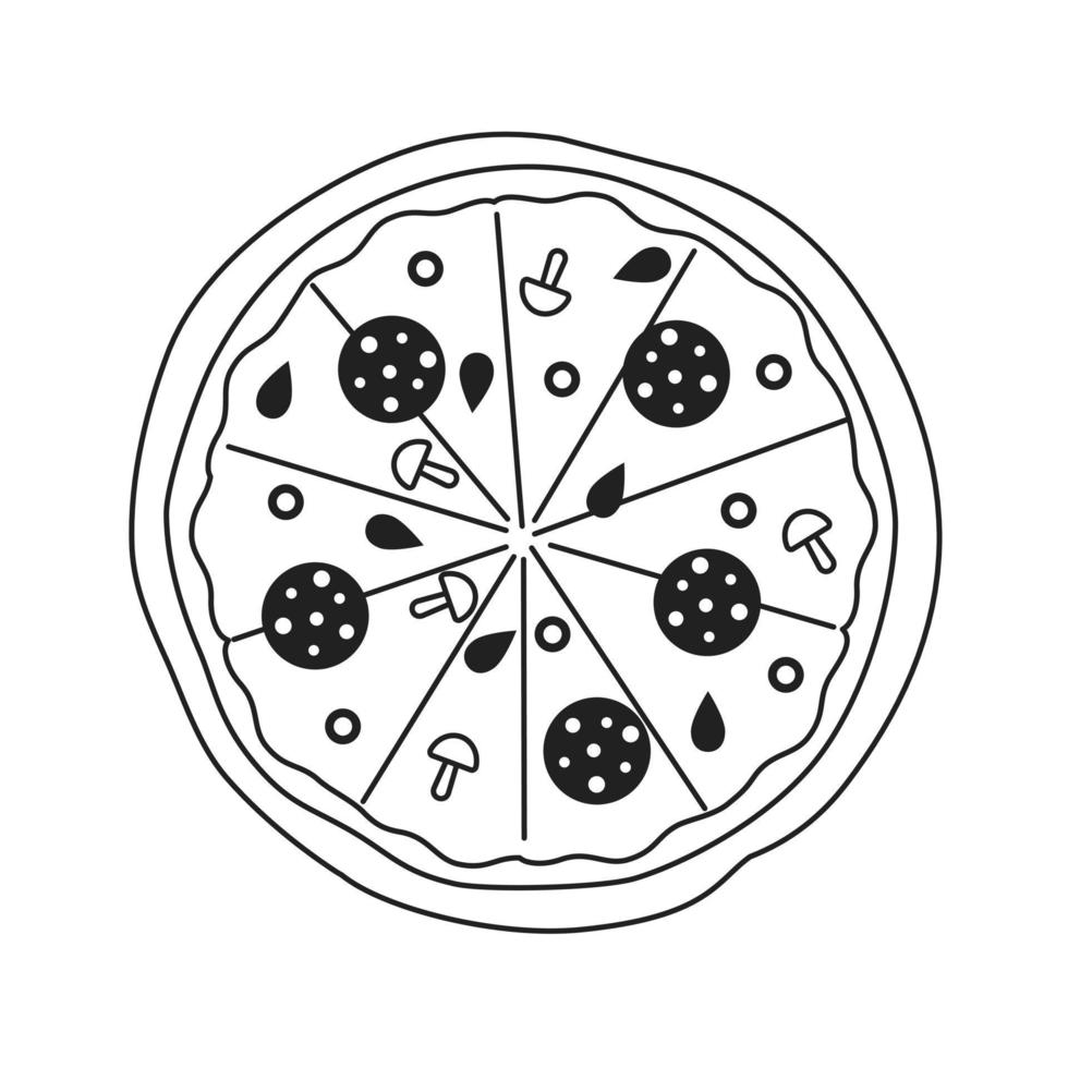 grande redondo pepperoni Pizza con queso monocromo plano vector objeto. hecho en casa horneado salami alimento. editable Delgado línea icono en blanco. sencillo bw dibujos animados Mancha imagen para web gráfico diseño, animación