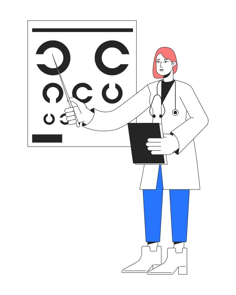 Female ophthalmologist with eye chart flat line color vector character. Editable simple outline full body person on white. Visual acuity cartoon spot illustration for web graphic design and animation