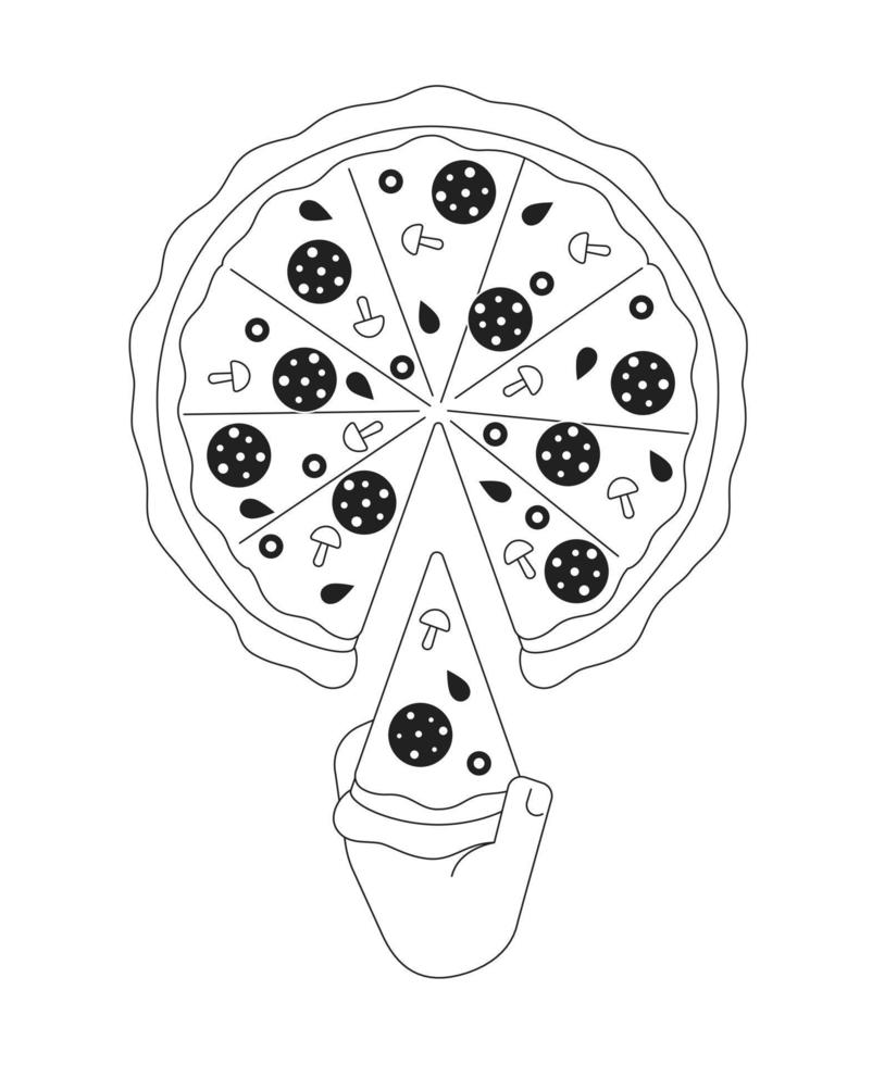 Taking slice of pizza monochromatic flat vector first view hand. Eating handmade cheese pepperoni. Editable thin line icon on white. Simple bw cartoon spot image for web graphic design, animation