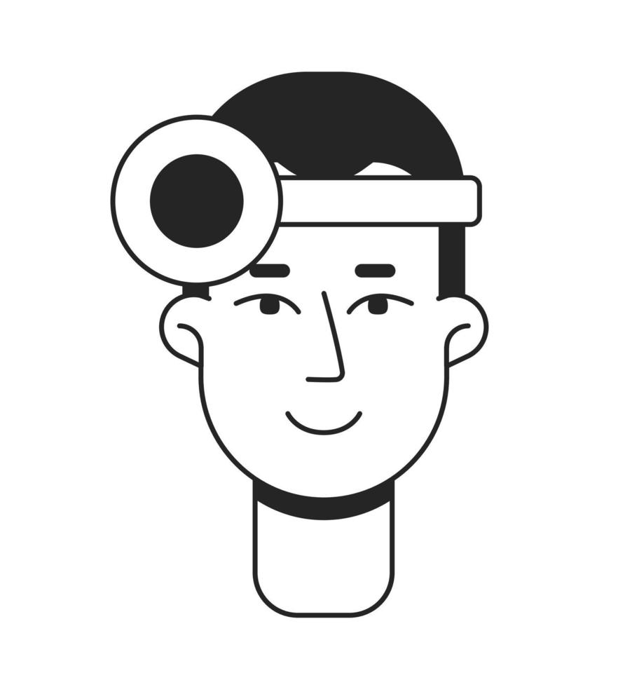 Male doctor with head mirror flat line monochromatic vector character head. Simple outline avatar icon. Editable cartoon user portrait. Lineart spot illustration for web graphic design and animation