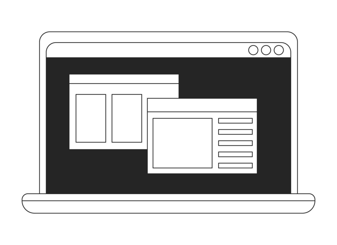 abierto ordenador portátil con software ventanas plano línea negro blanco vector objeto. cuaderno frente. editable dibujos animados estilo icono. sencillo aislado contorno Mancha ilustración para web gráfico diseño y animación