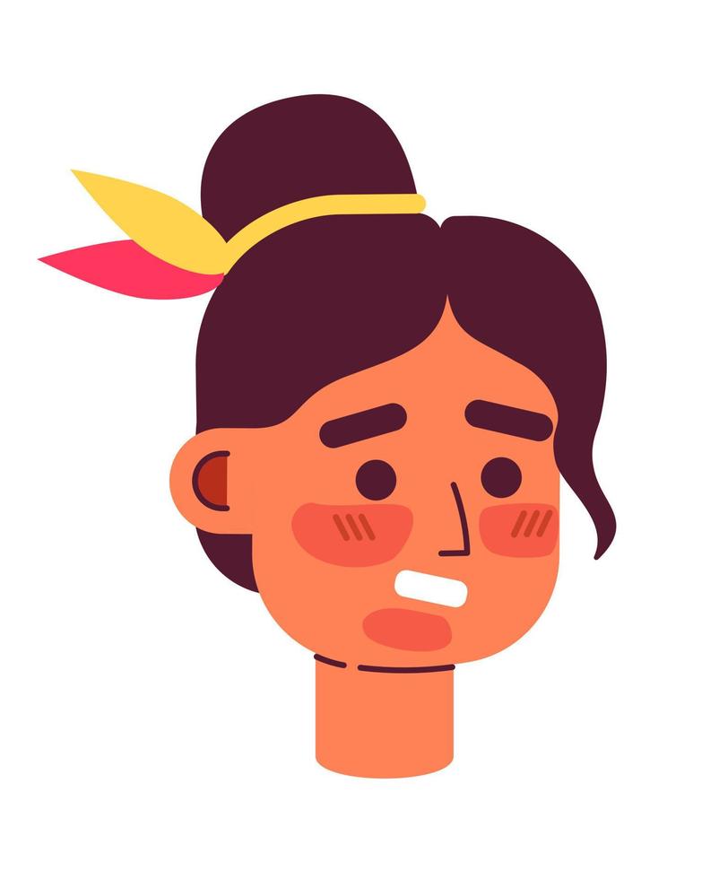 Troubled girl with facial sunburns semi flat vector character head. Redness. Editable cartoon style face emotion. Simple colorful avatar icon. Spot illustration for web graphic design and animation