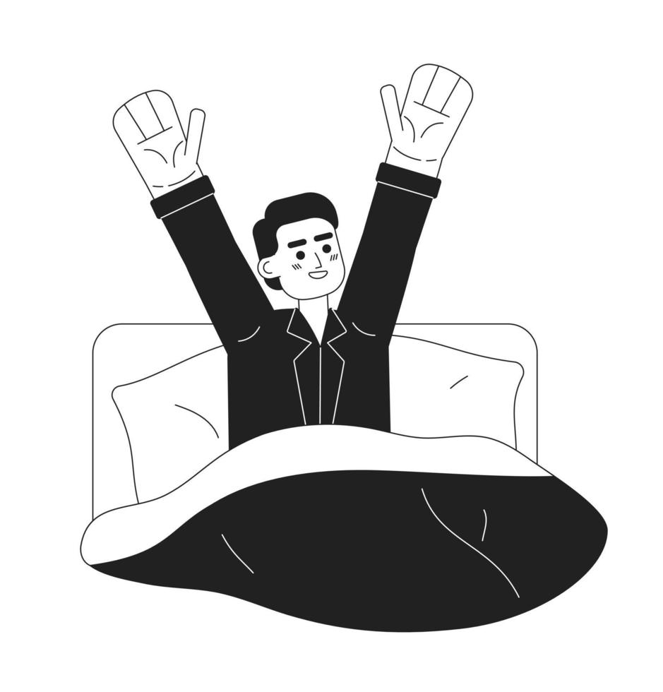 Happy man waking up in bed monochromatic flat vector character. Feel refreshed after sleep. Editable thin line half body person on white. Simple bw cartoon spot image for web graphic design, animation