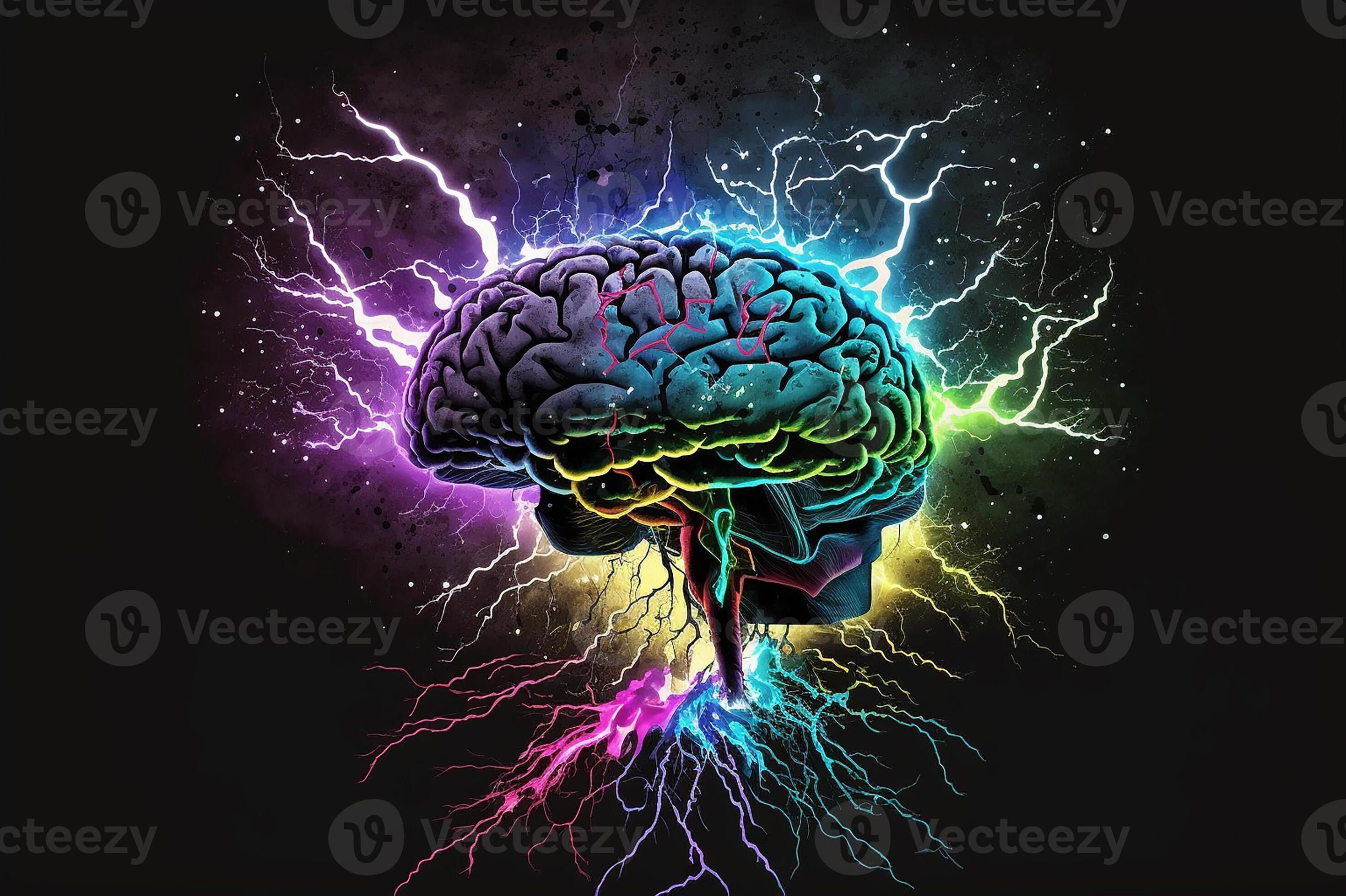 Brain blast, neon glowing brain with lightning bolts against a black