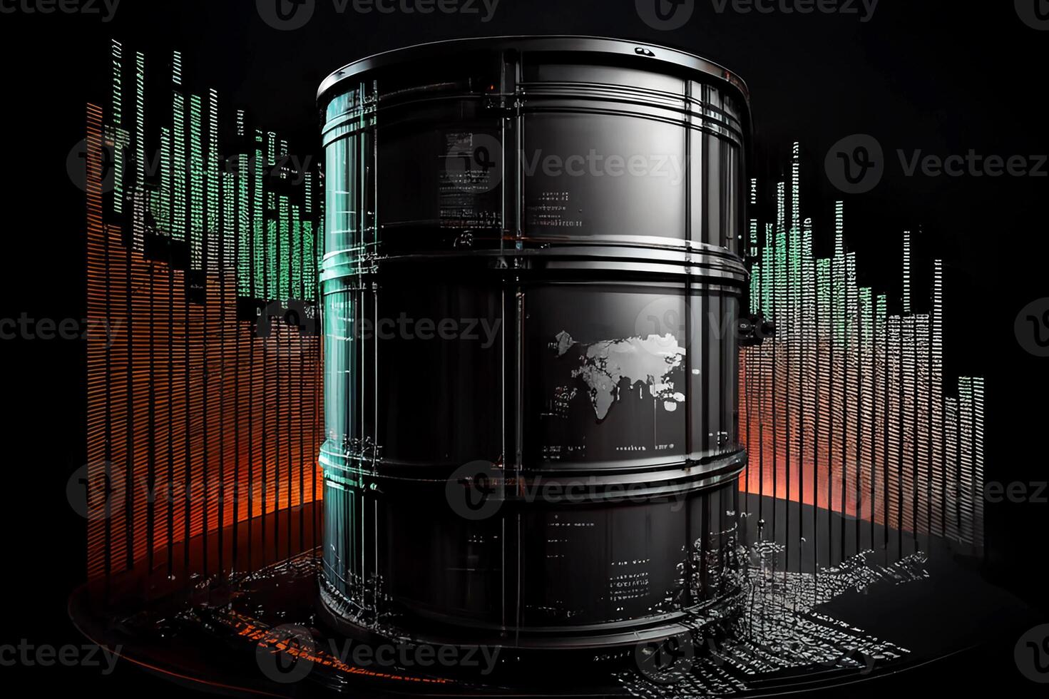 Barrel oil with stock charts of oil price quotes. photo