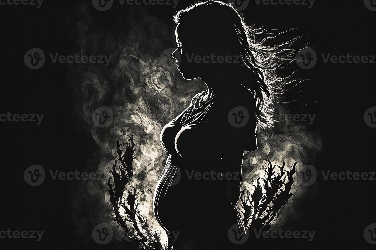 Silhouette of a pregnant woman on a dark background. photo