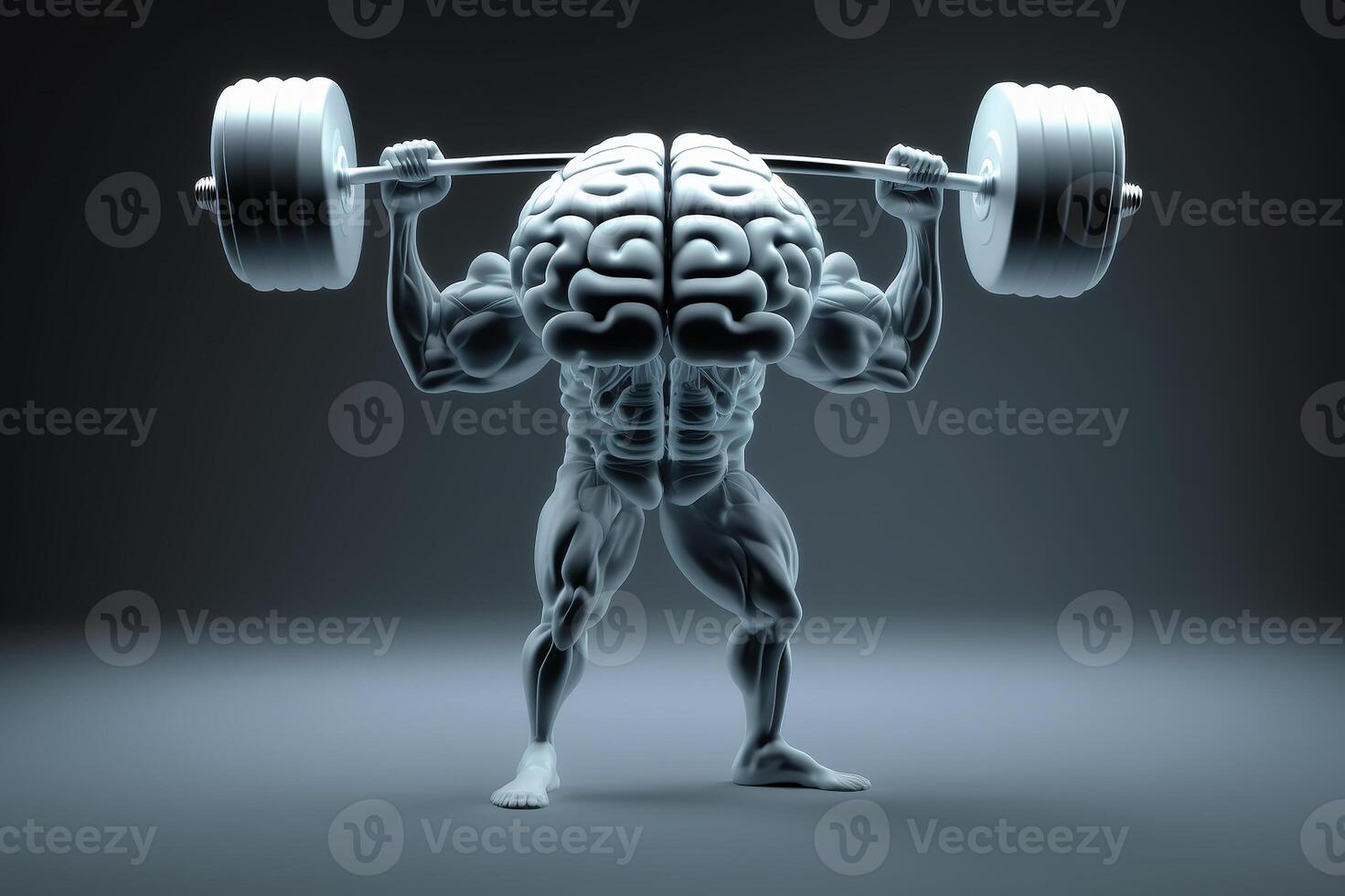 Human brain made of steel lifting a heavy dumbbell. Mind training concept. photo