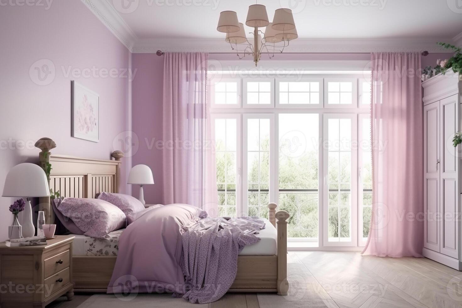 Interior of a luxurious bedroom in the style of Provence, pink and purple tones. photo