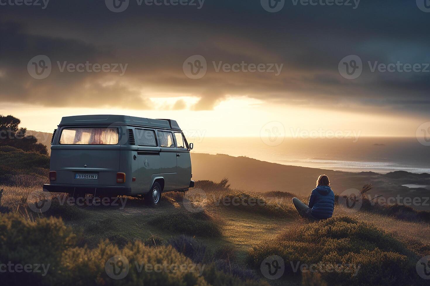 Van on the wild sandy seashore, auto travel. photo