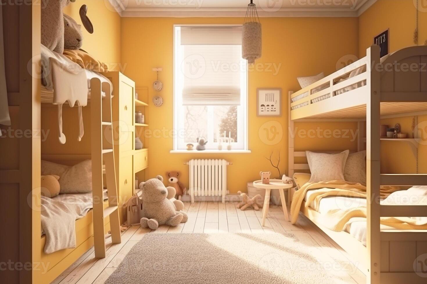 Interior design of a children's room for two children a boy and a girl in yellow. photo