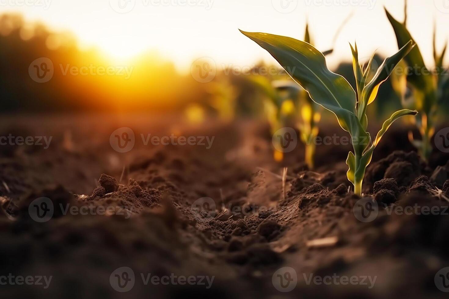 Young green shoots, sprouts in an agricultural field. Corn sprouts close-up. photo