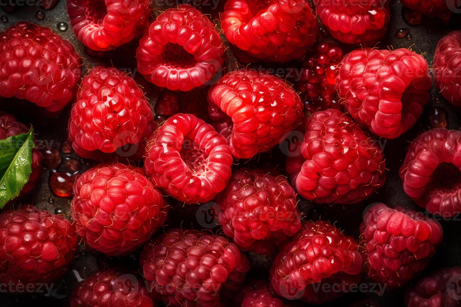 Fresh red raspberries are covered with water droplets. Raspberry background. photo