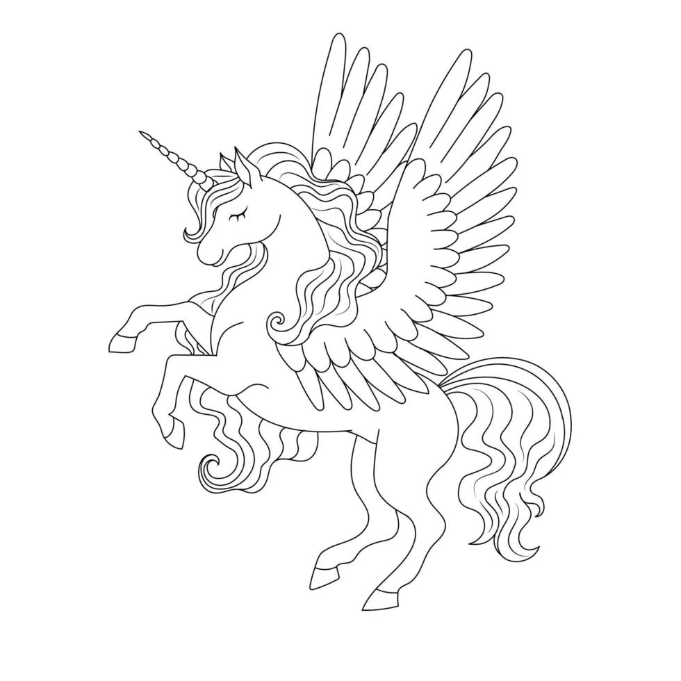 Black and white Line art unicorn kids illustration vector