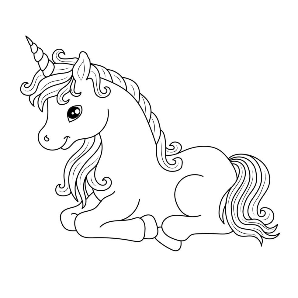 Black and white Line art unicorn kids illustration vector