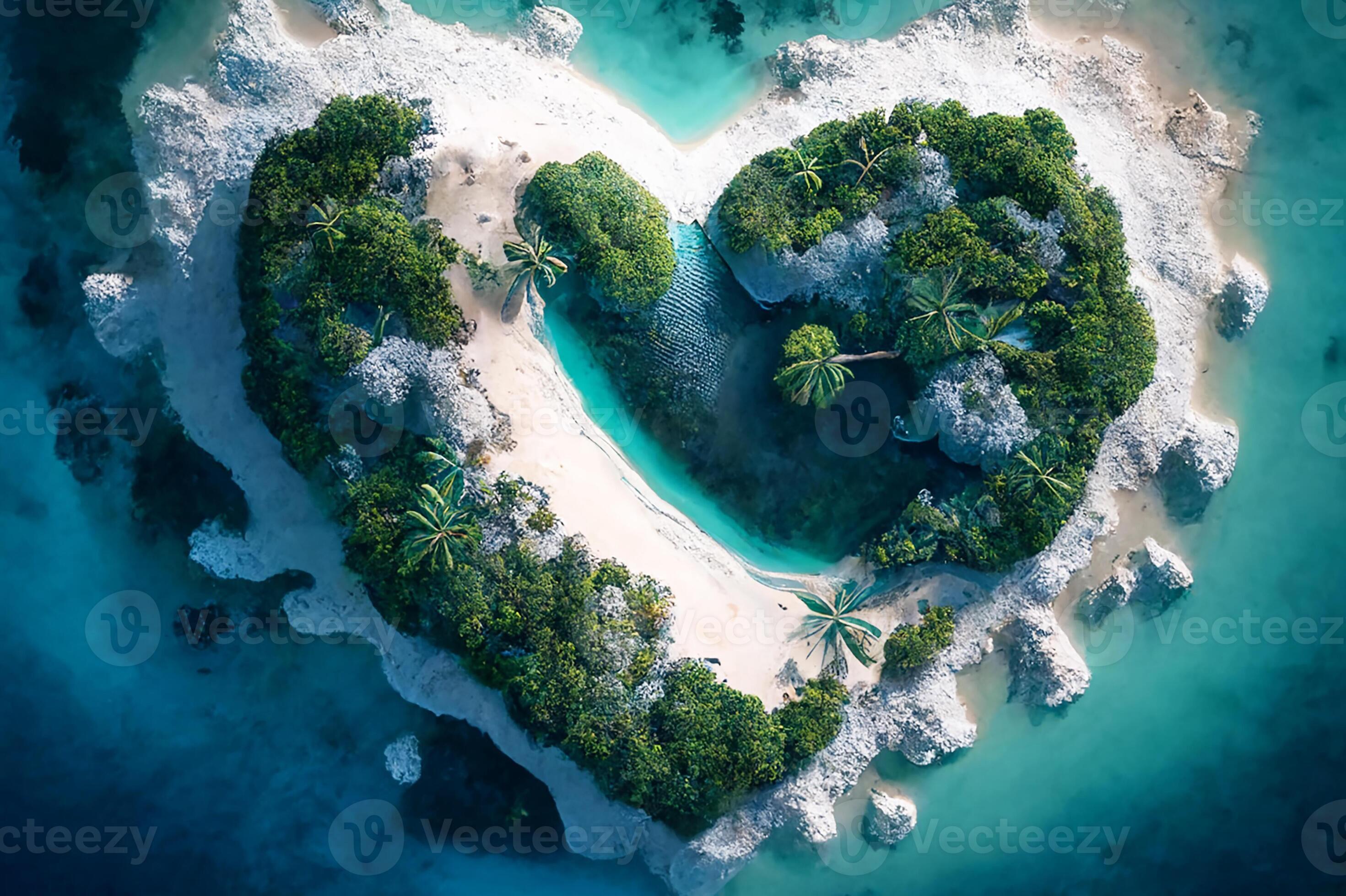 Heartshaped island, a tropical island surrounded by the sea. Tropical