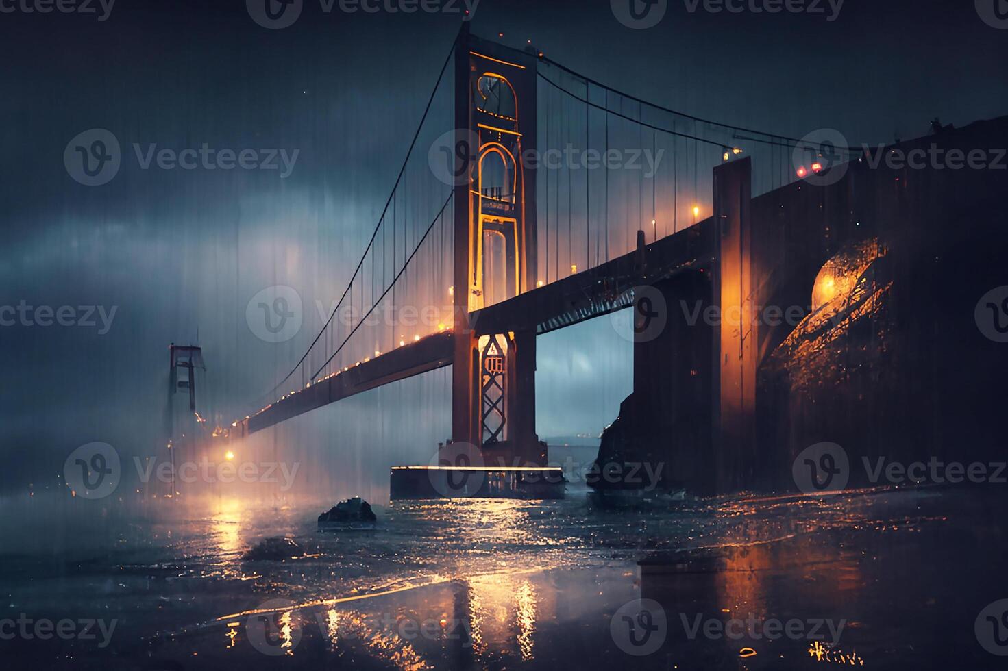 dorado portón puente, a noche en el lluvia. generativo ai foto