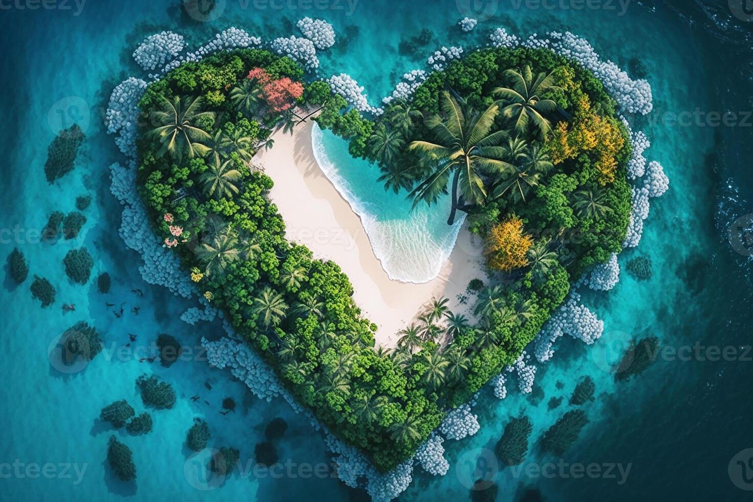 en forma de corazon isla, un tropical isla rodeado por el mar. tropical paraíso antecedentes. generativo ai foto