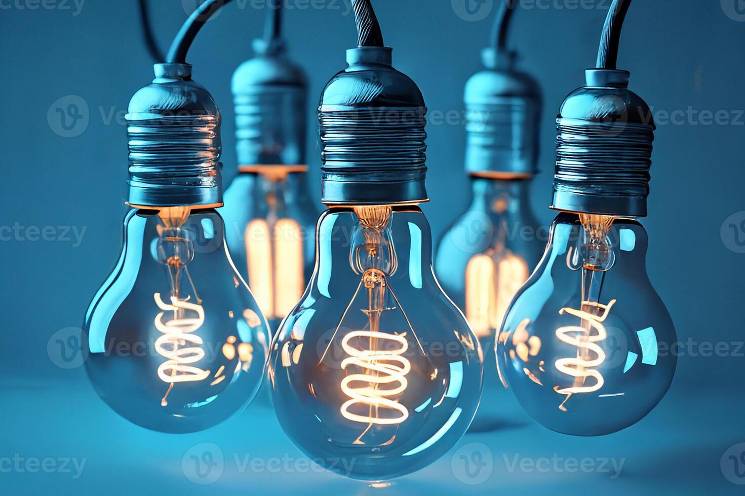 A lot of burning bulbs, a set of bulbs on a blue background. photo