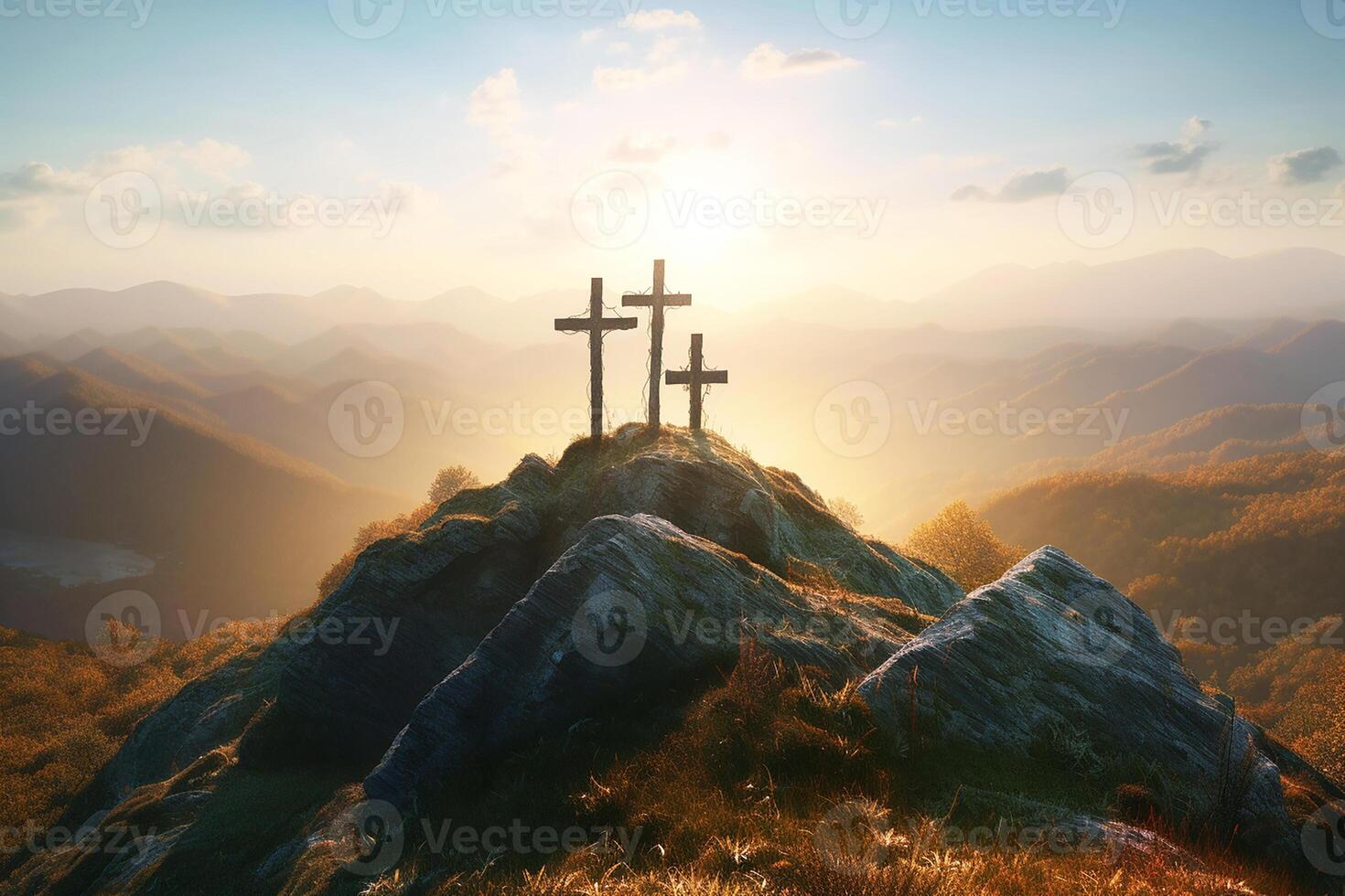 Faith, hope, love, three crosses at the peak of the mountain. A biblical scene. photo