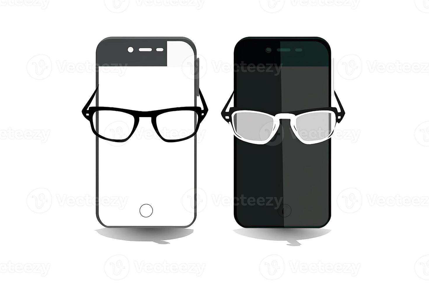 Two smartphones black and white with glasses. Icon. White background. photo