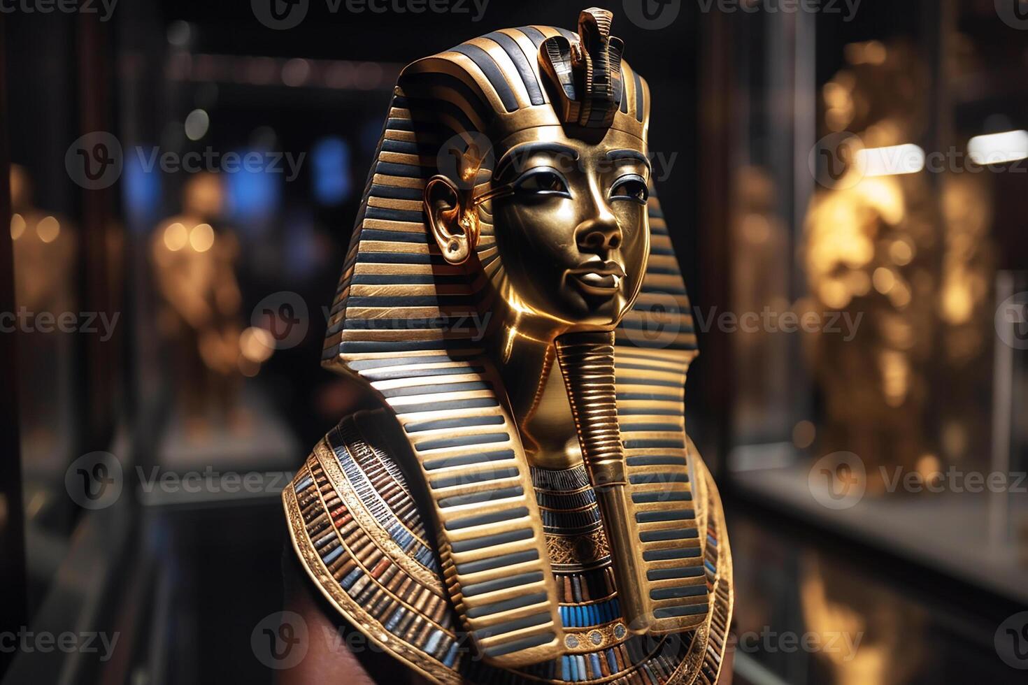 Pharaoh Tutankhamen in a dark museum room. photo