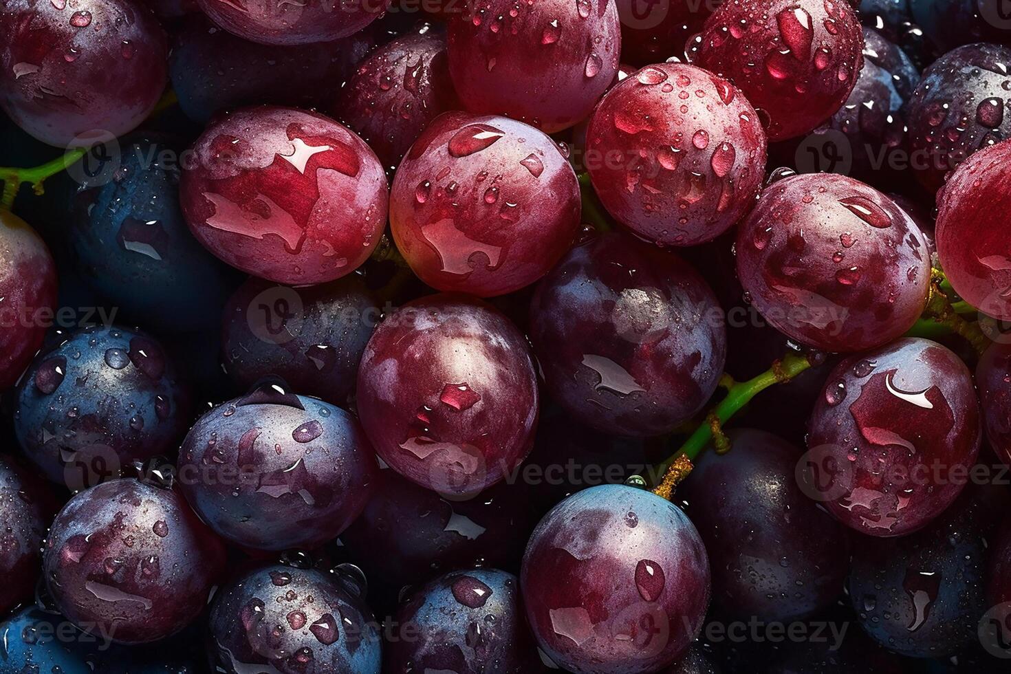 oscuro rojo uvas, manojo de uvas cubierto con agua gotas. uva antecedentes. generativo ai foto