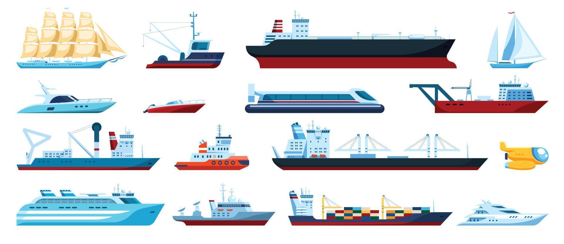 Flat sea transports. Speed boats, yachts, cruise, fishing ships, submarine. Cargo ship with shipping containers. Maritime transport vector set