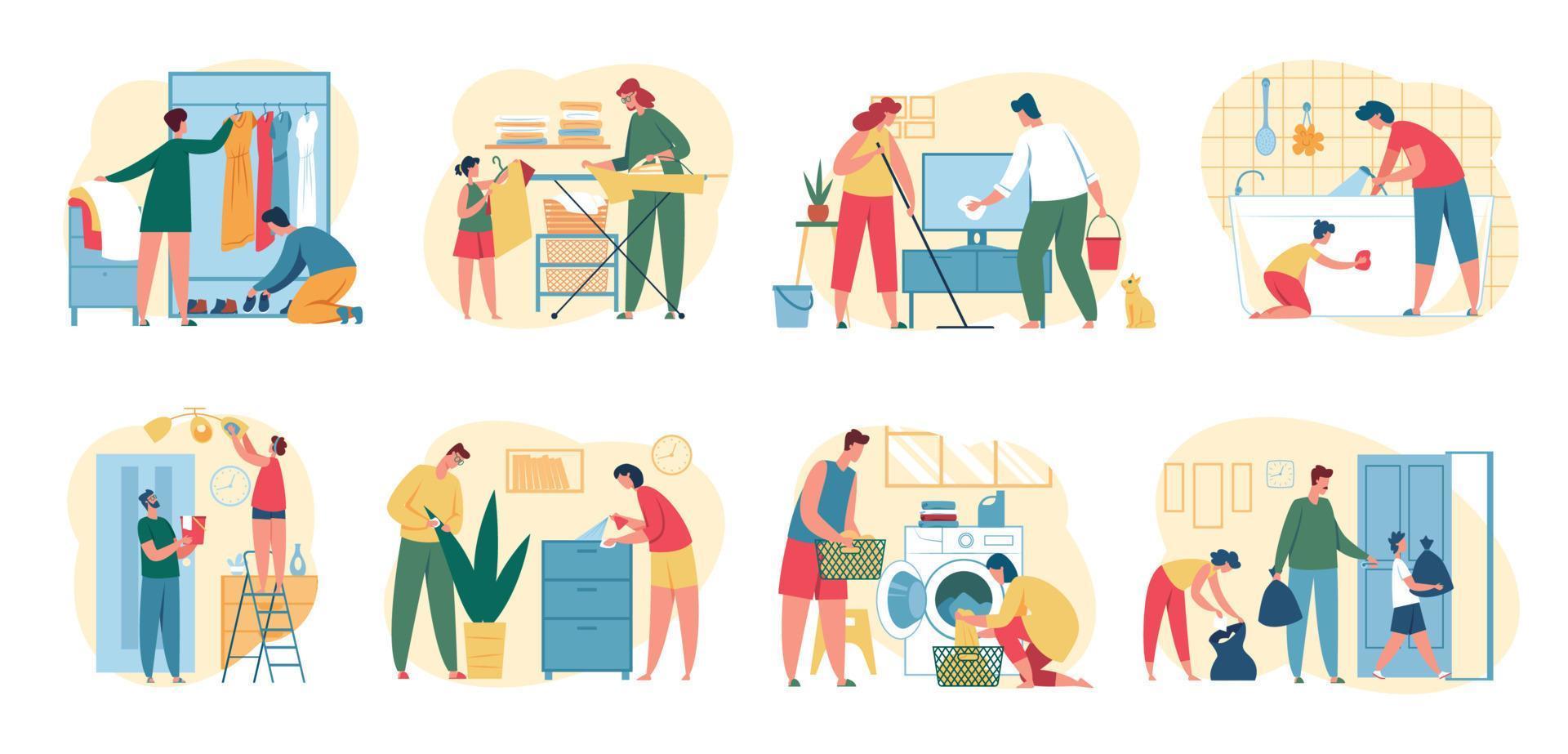 personas limpieza casa. padres con niños haciendo tareas del hogar quehaceres. hombres y mujer planchado ropa, trapear piso. primavera limpieza concepto vector conjunto