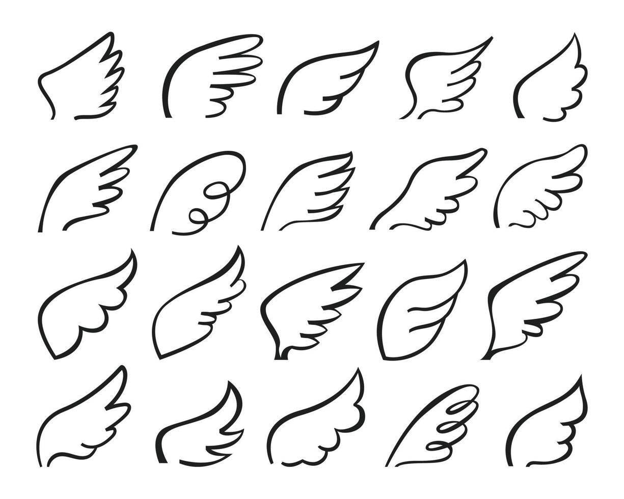 Doodle wings. Flying angelic wing logo, stylized sketch angel feathers tattoo outline drawing. Hand drawn bird wing doodles vector set