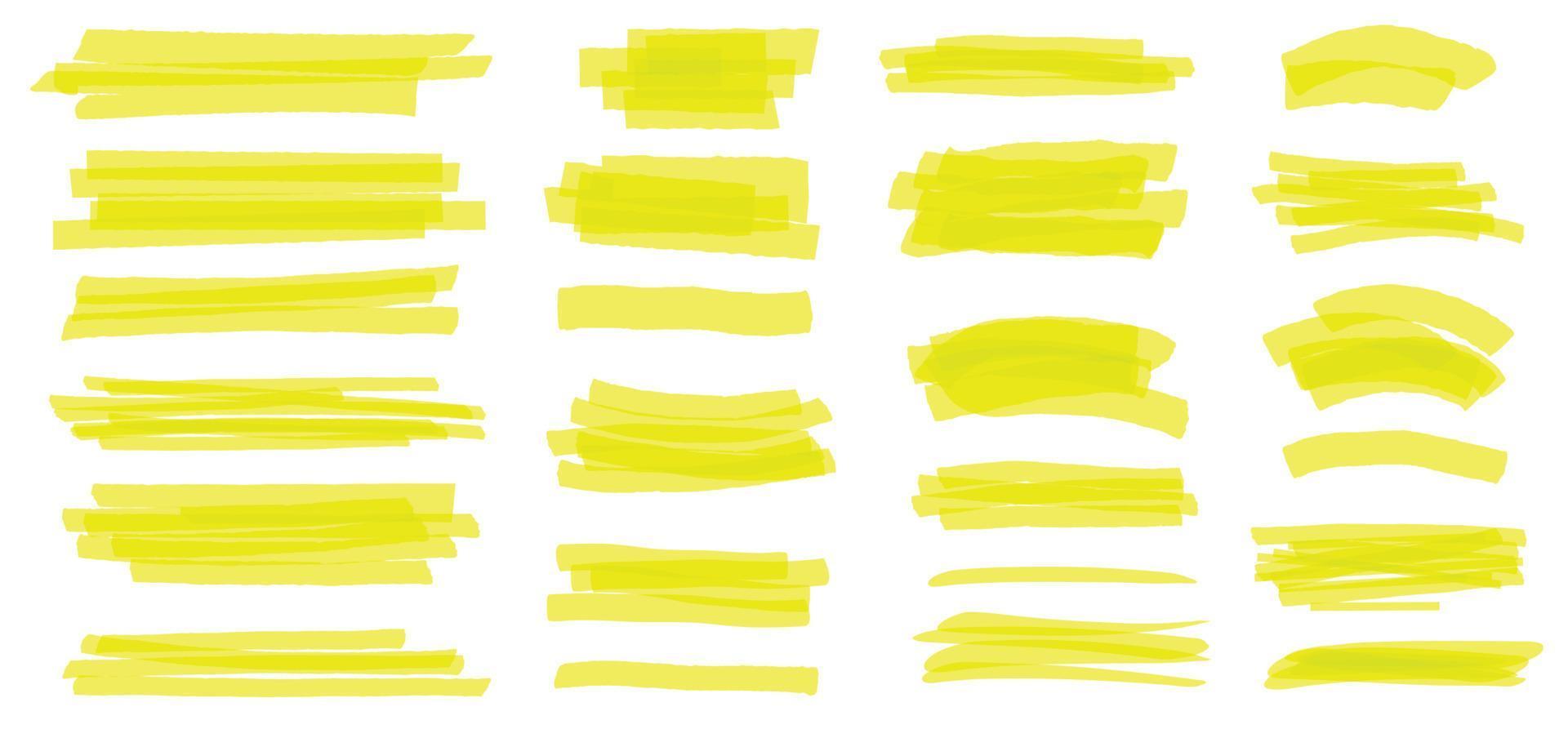 Highlighter line. Yellow marker strokes, lines, frames. Hand drawn highlighters pens scribble, text highlight or underline vector set