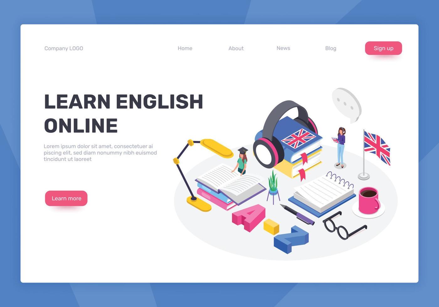 Isometric learning english language concept. People studying foreign languages online. Digital courses, online education vector landing page