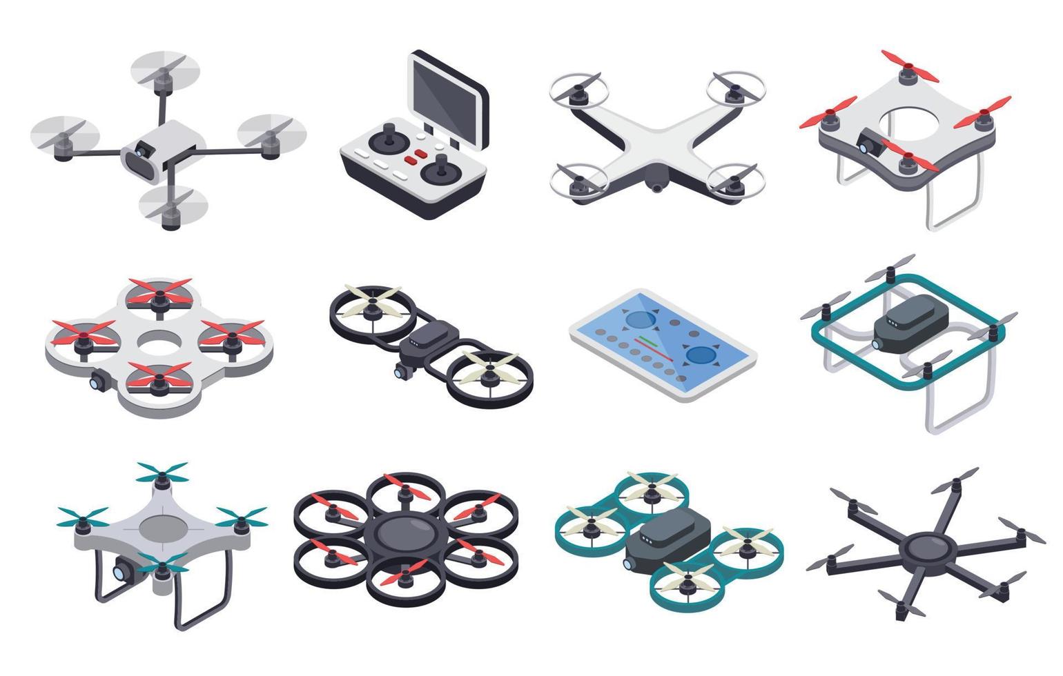 Isometric drones. Flying drone with propellers and camera, radio controller. Remote controlled unmanned aircraft, delivery drones vector set