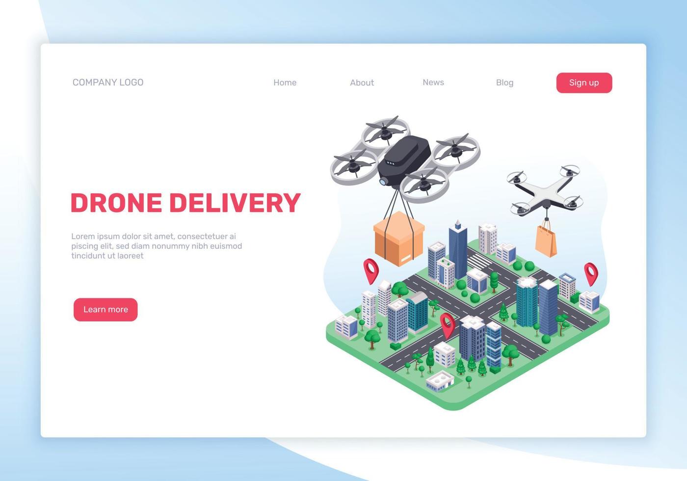 zumbido entrega. drones entregando paquetes a clientes. entrega Servicio concepto con volador cuadricópteros y ciudad mapa vector aterrizaje página