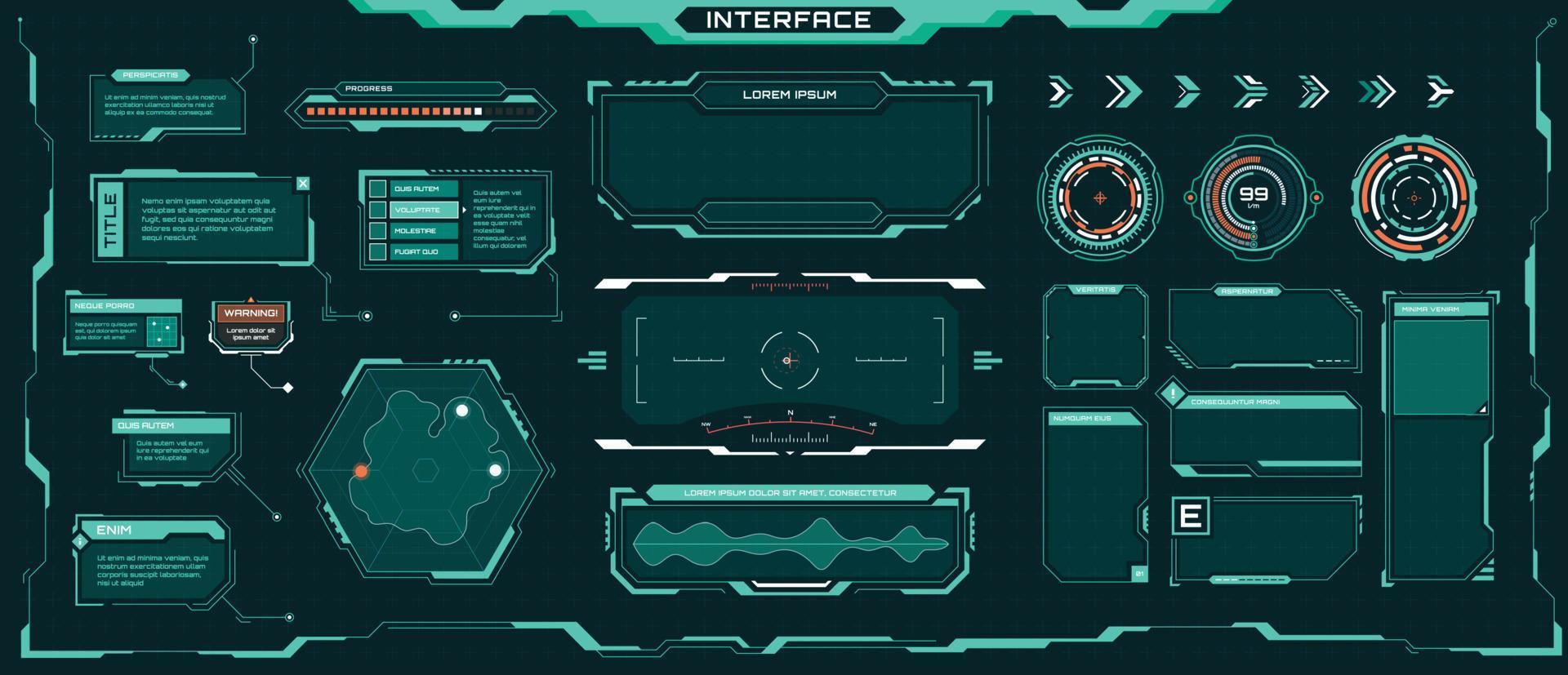 Futuristic ui elements. Sci-fi digital frames, arrows, callout titles, optical aim. Abstract cyberpunk virtual hud interface vector set