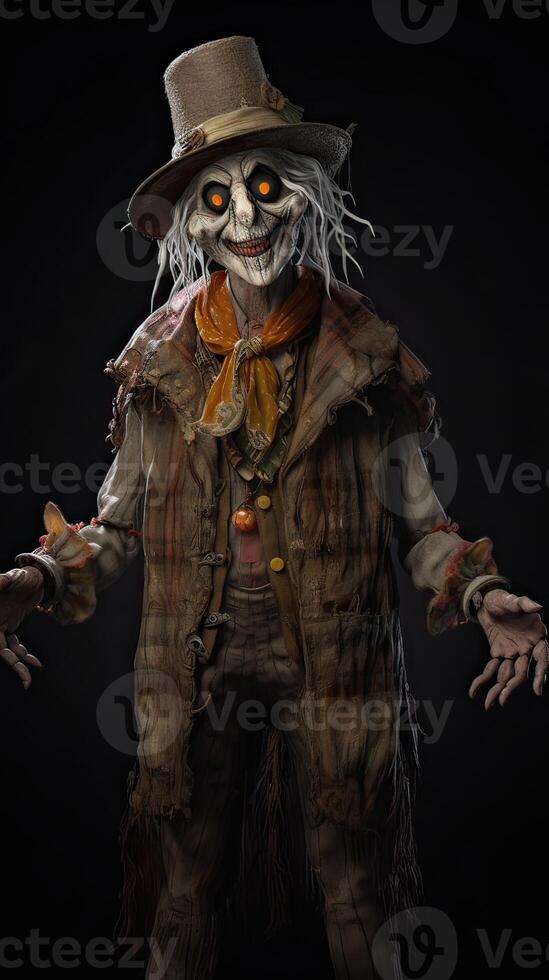 portrait of old Terrible scarecrow in dark cloak and dirty hat stands. Halloween concept. . photo