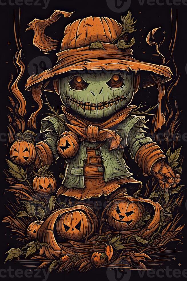 cute cartoon scarecrow Halloween. Illustration of a Scarecrow. can be used for t-shirt graphics, print. Vector illustration. . photo