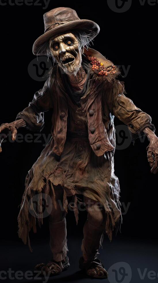 portrait of old Terrible scarecrow in dark cloak and dirty hat stands. Halloween concept. . photo