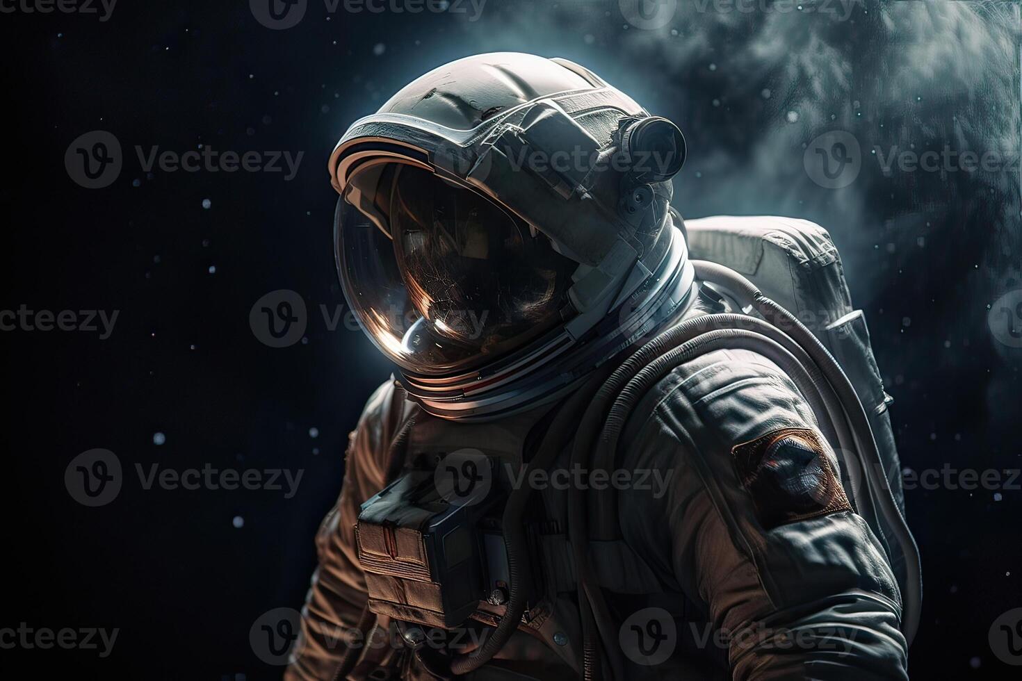 Astronaut on a rock surface with a space background. an astronaut standing on the lone planet with him looking forward. photo