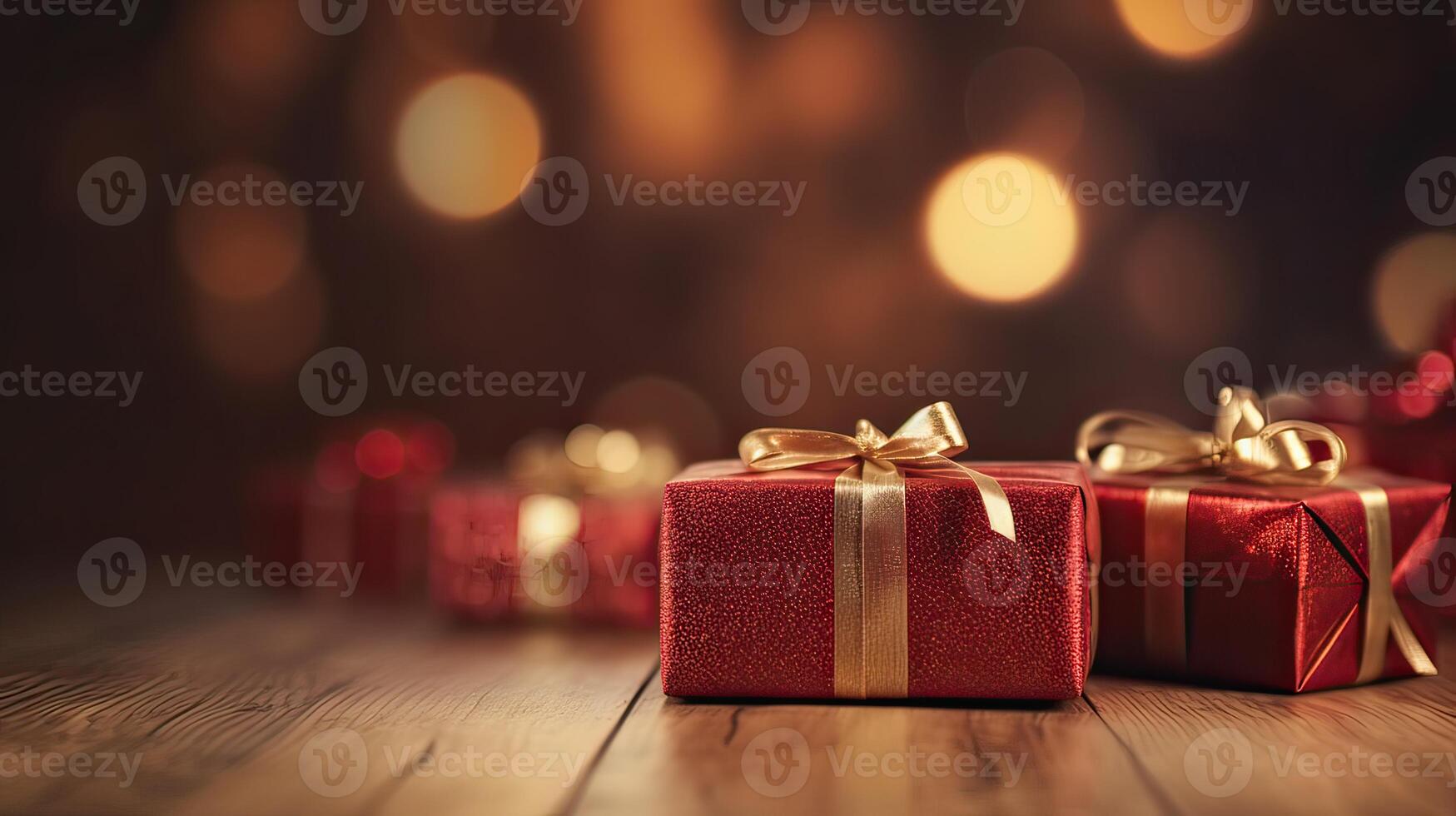 Christmas presents wrapped in colorful paper with ribbon on wooden table background and bokeh. Place for typography and logo. Copy space. . photo