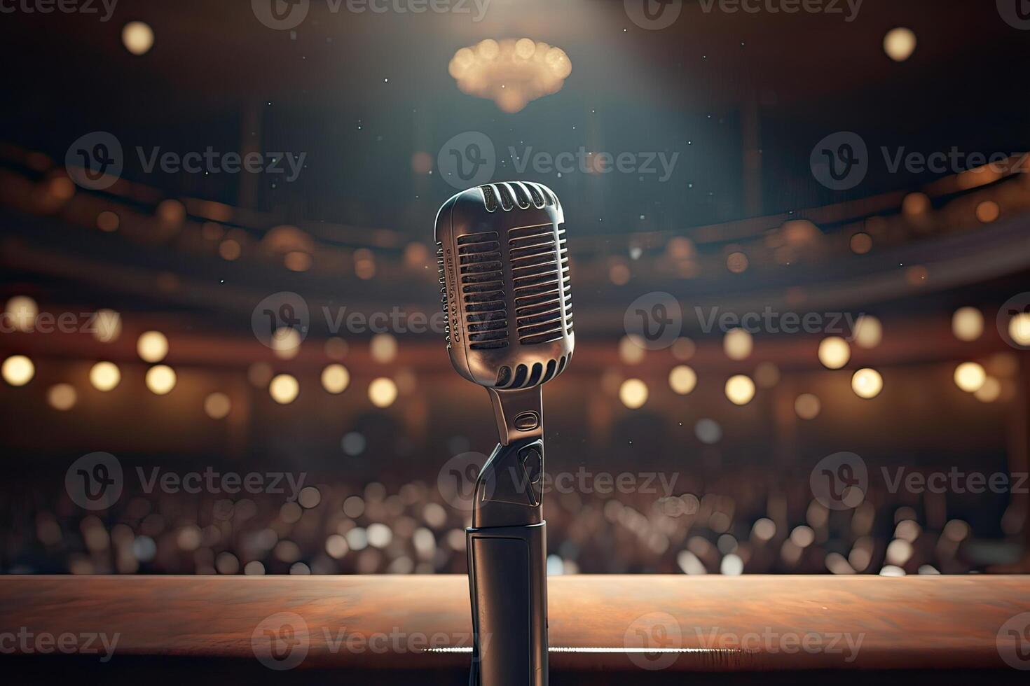 Microphone On The Theater Stage Before The Concert With Empty Seats And Blurred Lights. . photo