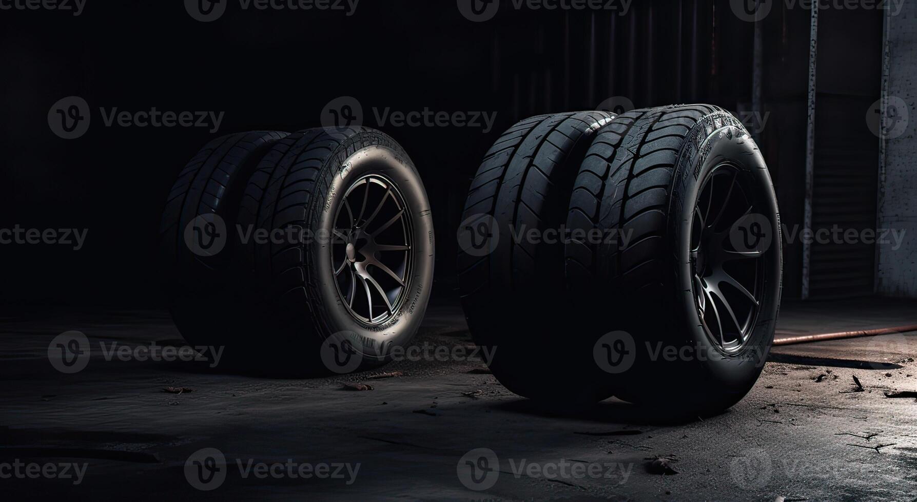 New car tires. Group of road wheels on dark background. Summer Tires with asymmetric tread design. Driving car concept. . photo
