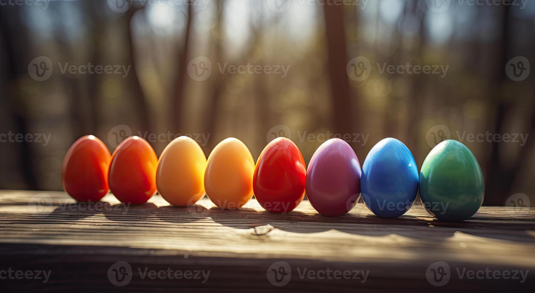 row of colorful easter eggs on wooden table and bokeh background, place for typography and logo. Rustic wooden table. Easter theme. . photo