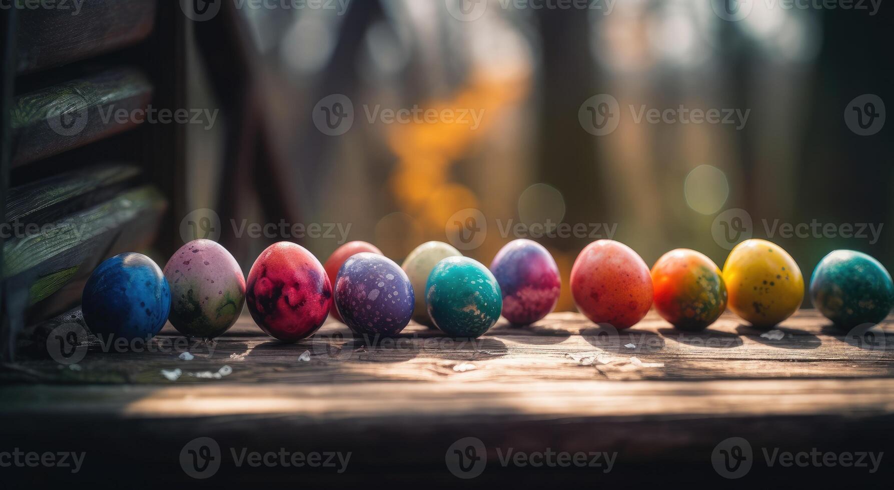 row of colorful easter eggs on wooden table and bokeh background, place for typography and logo. Rustic wooden table. Easter theme. . photo