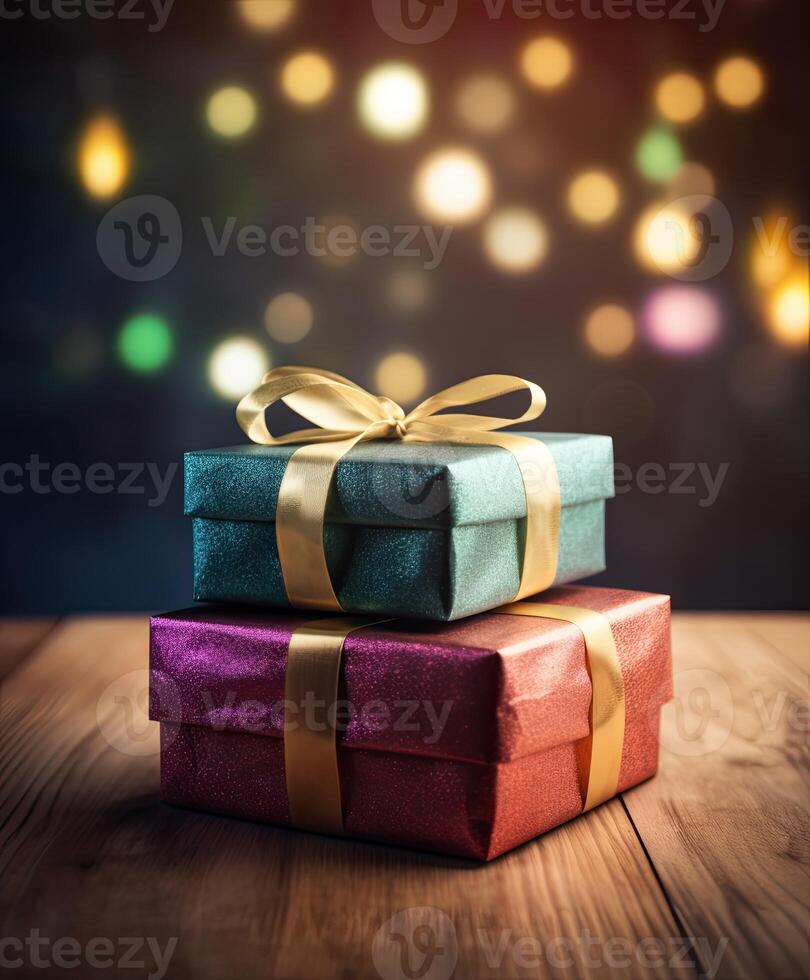 Christmas presents wrapped in colorful paper with ribbon on wooden table background and bokeh. Place for typography and logo. Copy space. . photo