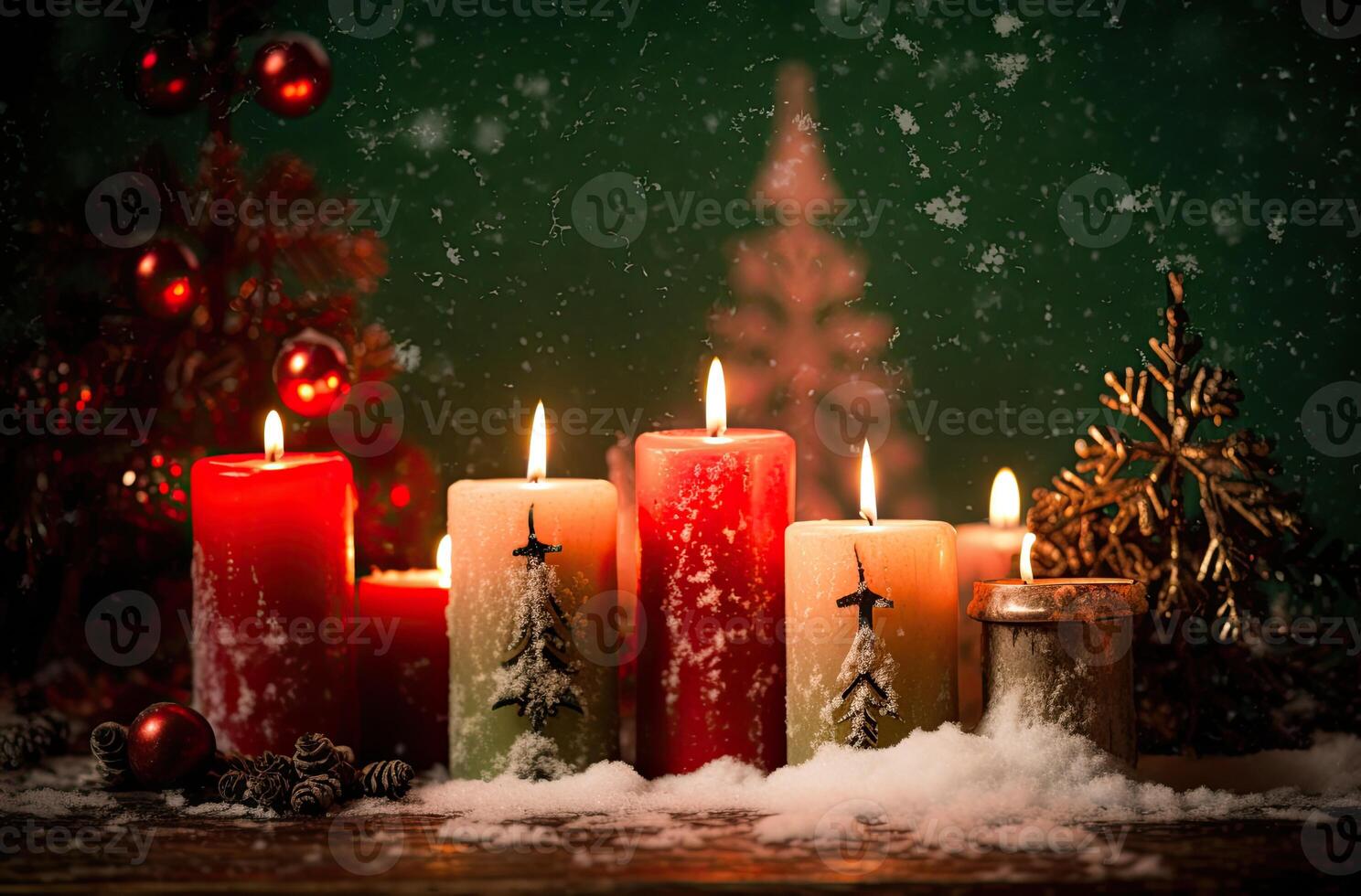 Burning candle and Christmas decoration over snow and wooden background. . photo