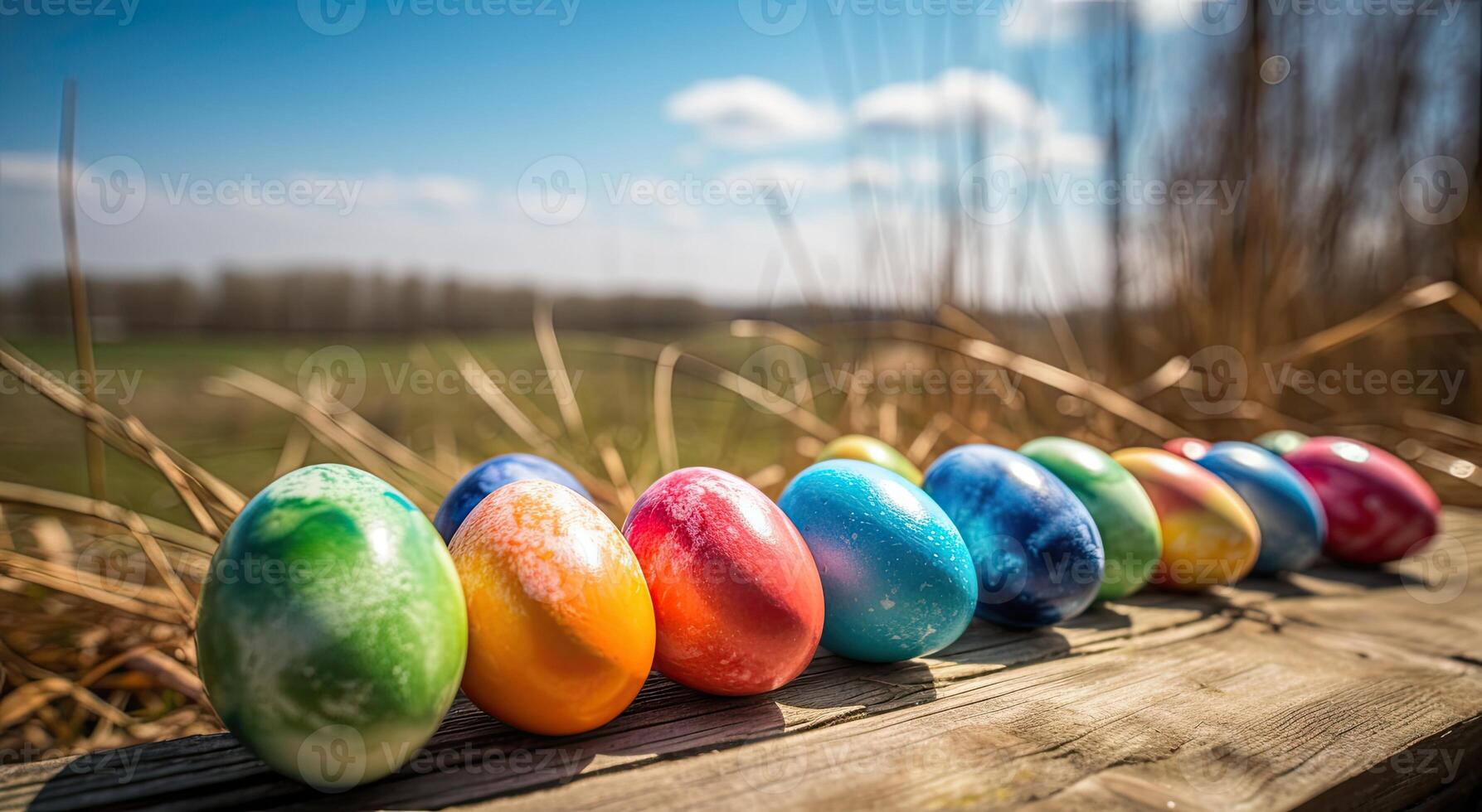 row of colorful easter eggs on wooden table and bokeh background, place for typography and logo. Rustic wooden table. Easter theme. . photo