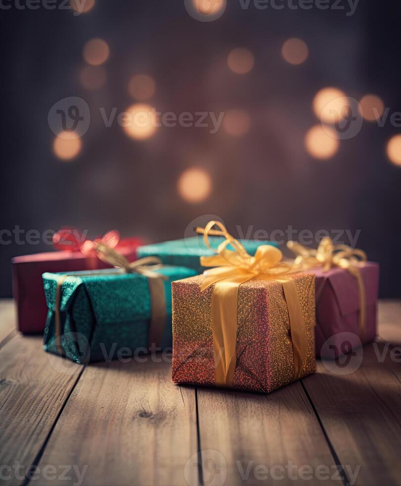 Navidad regalos envuelto en rojo papel con oro cinta en en de madera mesa antecedentes y Bokeh. sitio para tipografía y logo. Copiar espacio. generativo ai. foto