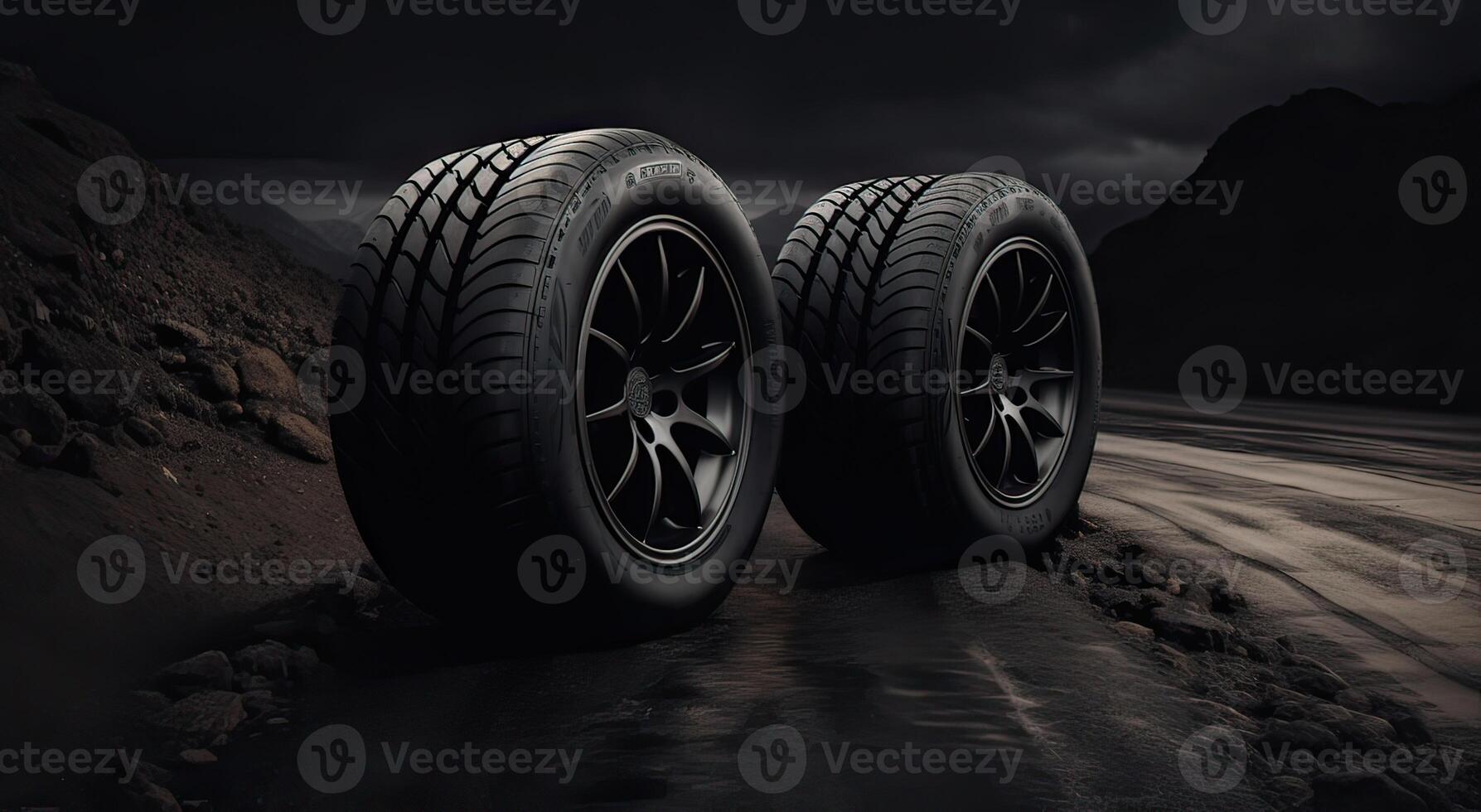 New car tires. Group of road wheels on dark background. Summer Tires with asymmetric tread design. Driving car concept. . photo
