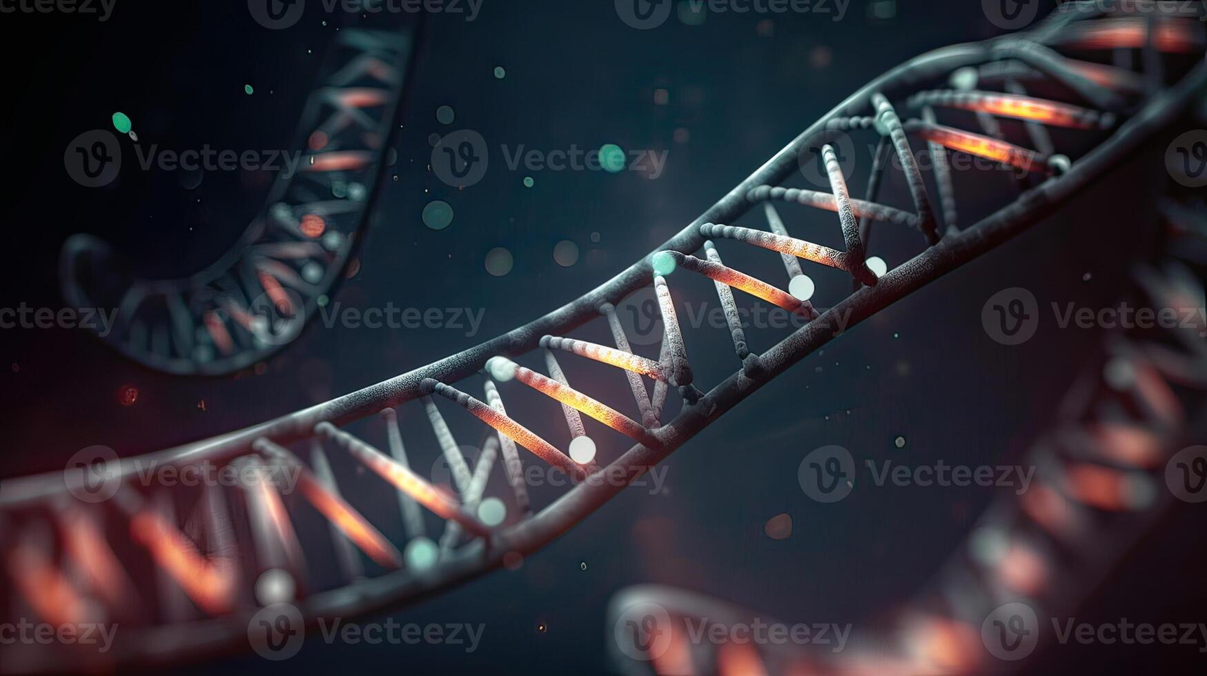 Molecule of DNA, double helix, 3D illustration. Genetic mutation and genetic disorders. Abstract DNA double helix with depth of field. photo